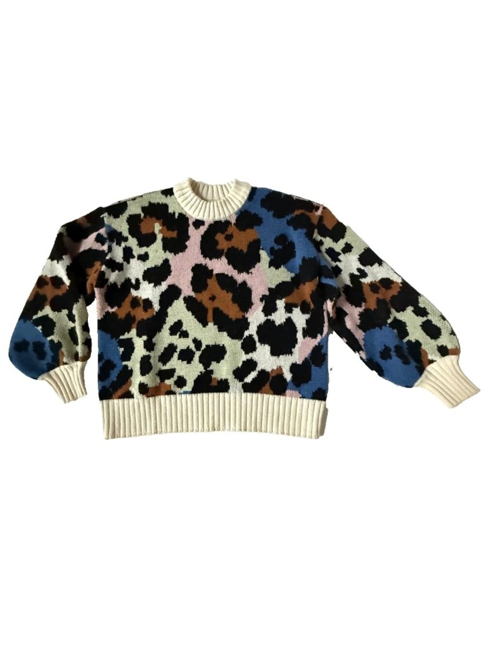 Farm Rio Womens S Oversize Leopard Print Sweater Knit Pullover Balloon Sleeve